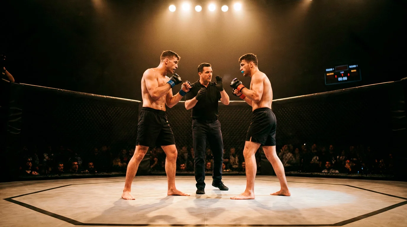 Two MMA fighters facing off inside a UFC octagon under bright arena lights