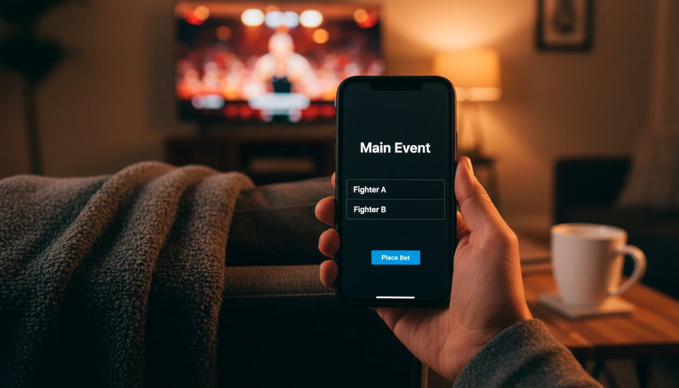 Person holding a smartphone showing a UK UFC sportsbook bet slip on fight night